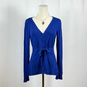 Orsay Royal Blue V Neck Button Front Tie Waist Cardigan Sweater Womens M